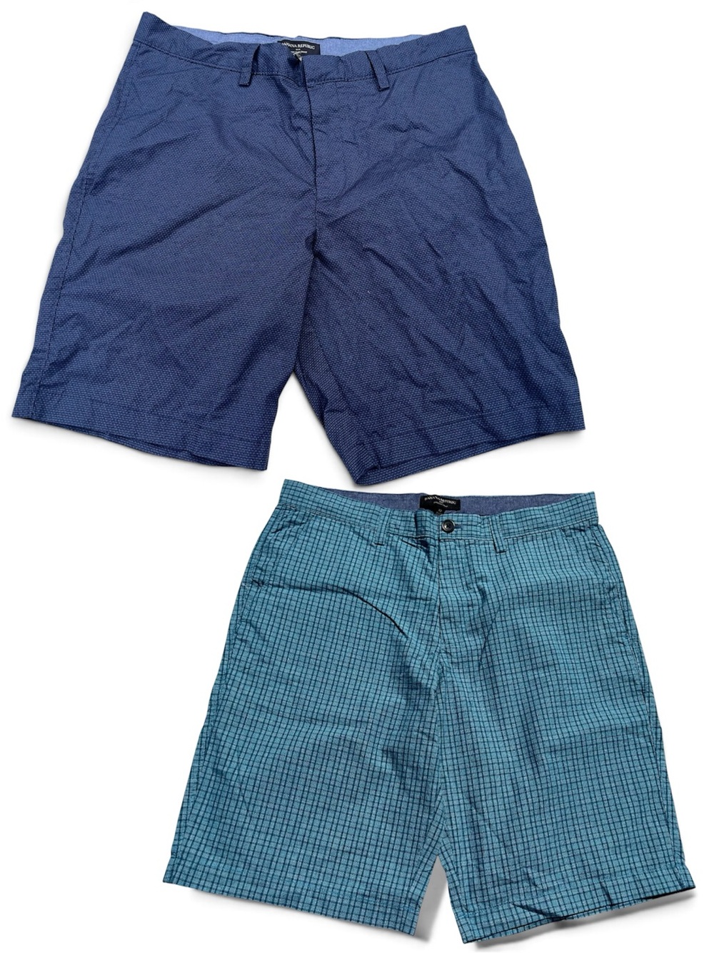 Lot of 2 Banana Republic Shorts Size 32 Slim Flat Front Chino Navy Teal Plaid